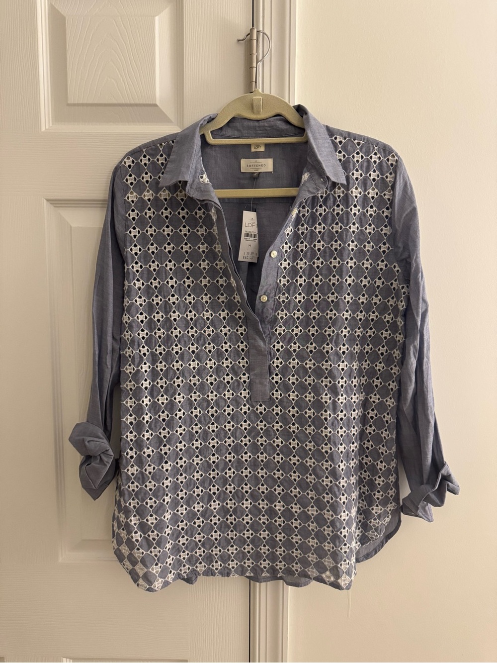 LOFT Denim and White Geometric Button-Up Shirt